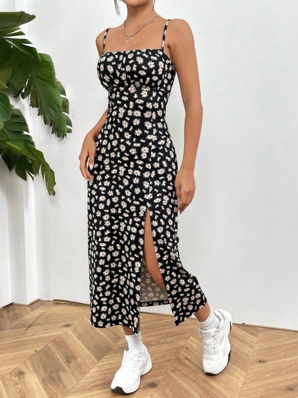 SHEIN Black Midi Dress with White Daisy Print